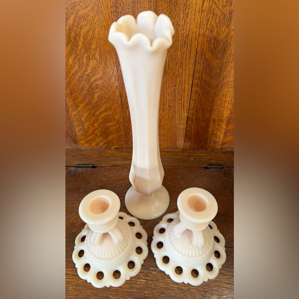 Vintage Westmorland Swung Vase & Two Candle Holders - Glow Orange With UV Light